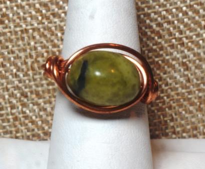Green Stone w/ Black Veins wire wrapped ring