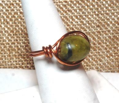 Green Stone w/ Black Veins wire wrapped ring
